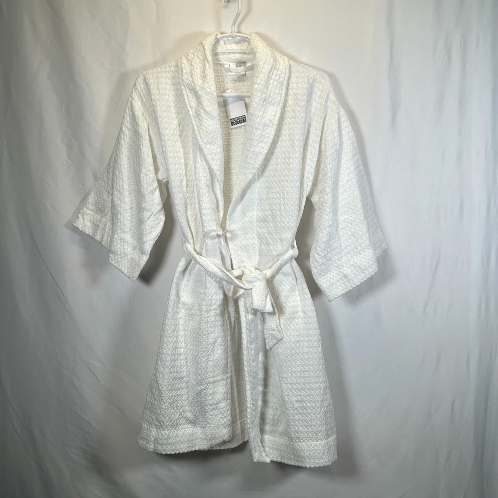Nordstrom Rack Spa Waffle Robe Womens XS Cotton White 3/4 Sleeve Tie Pockets NEW